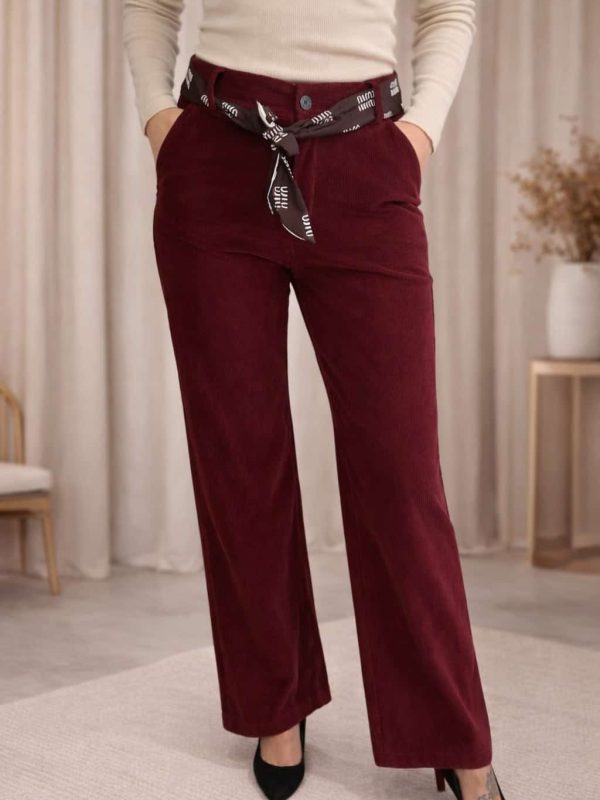 Bordowe spodnie sztruksowe damskie z wysokim stanem Uni